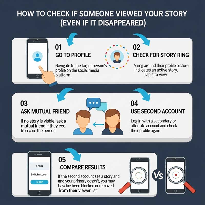 A step-by-step infographic showing: go to profile > check for story ring > ask mutual friend > use second account > compare results
