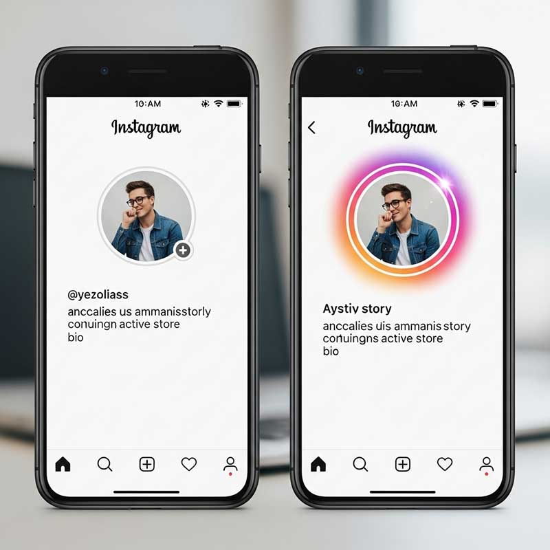 phone shows a profile with no stories