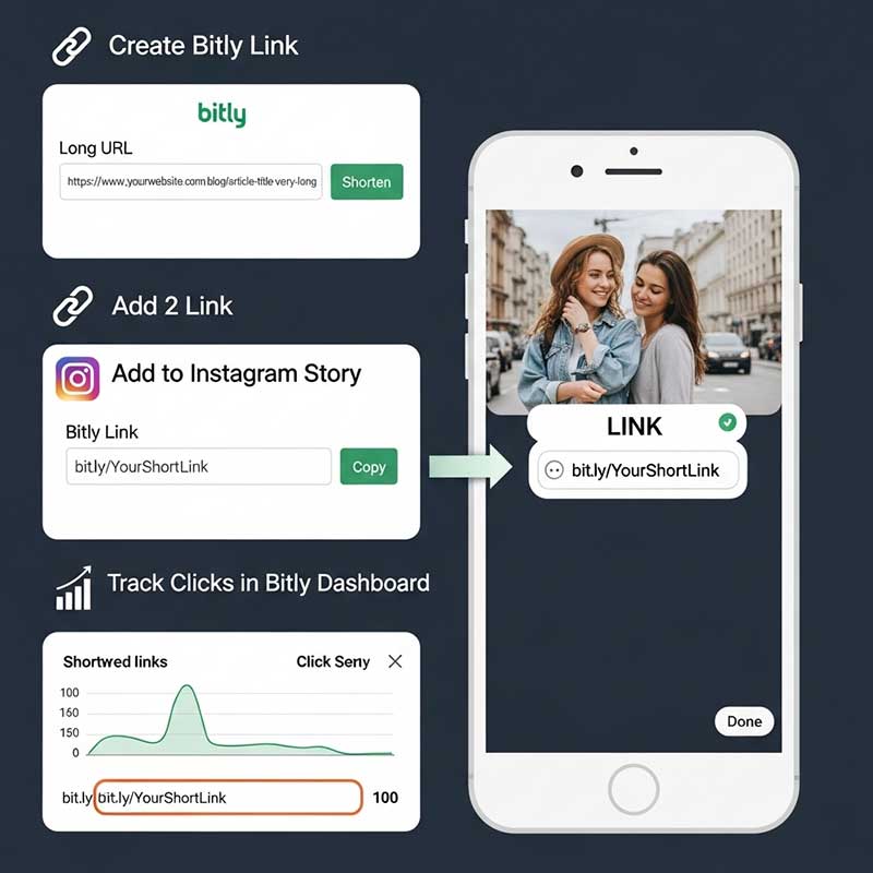 A step-by-step infographic: create Bitly link > add to Instagram story > track clicks in Bitly dashboard > use UTM for Google Analytics