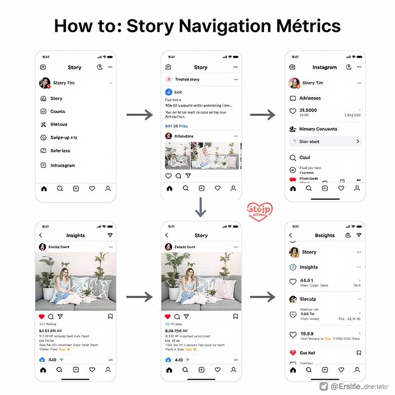 Step-by-step infographic showing how to check Instagram Story navigation metrics in the app