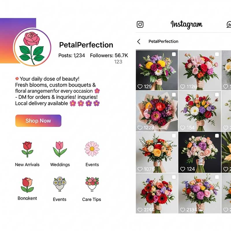 Infographic showing a flower shop Instagram profile with a catchy bio