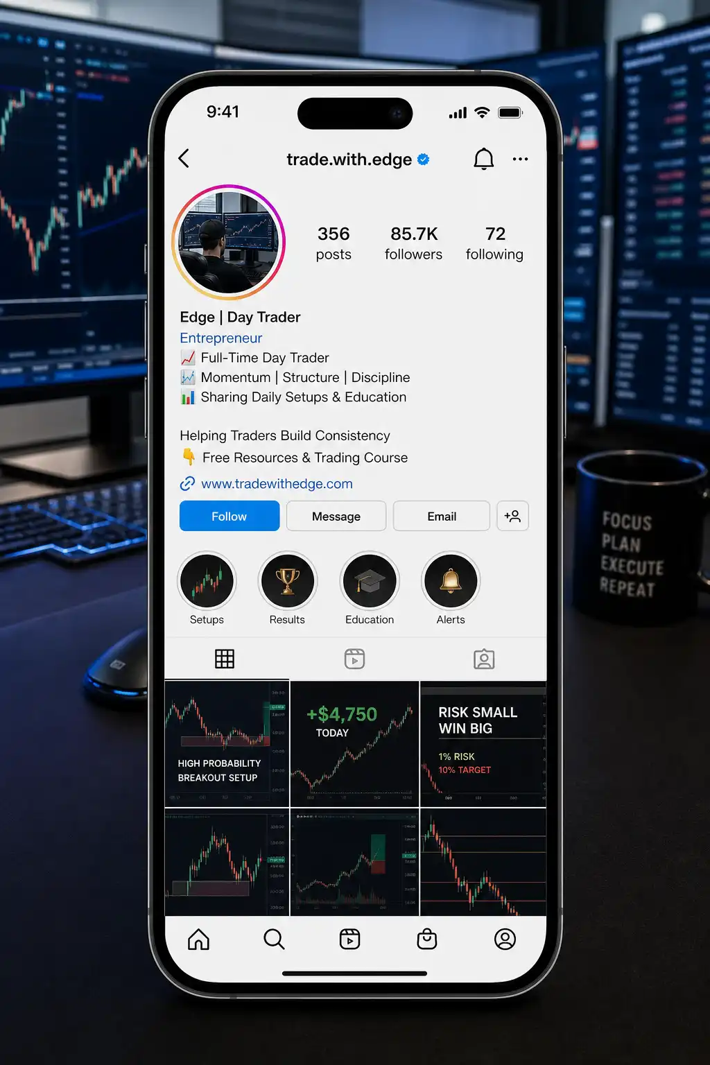 Day trader Instagram profile mockup with optimized bio and trading highlights