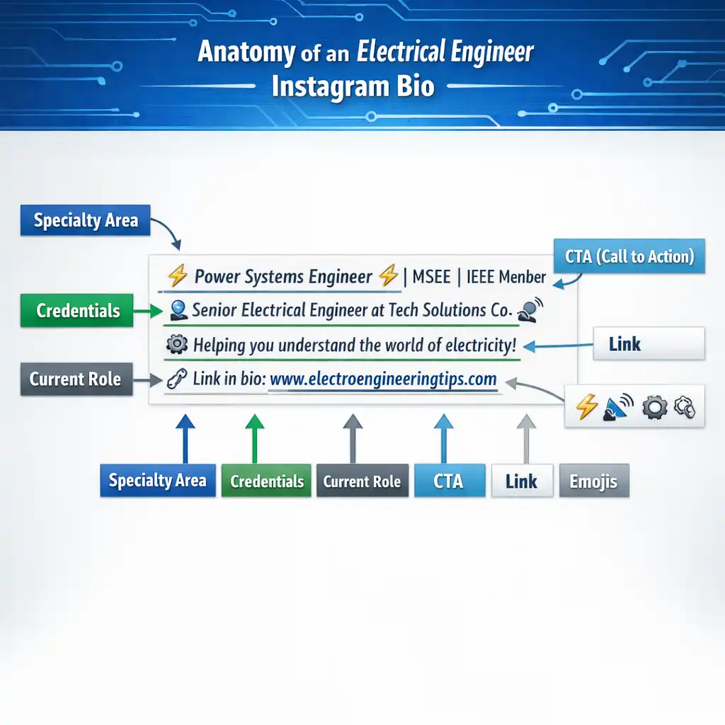 Anatomy of a perfect electrical engineer Instagram bio with labeled elements