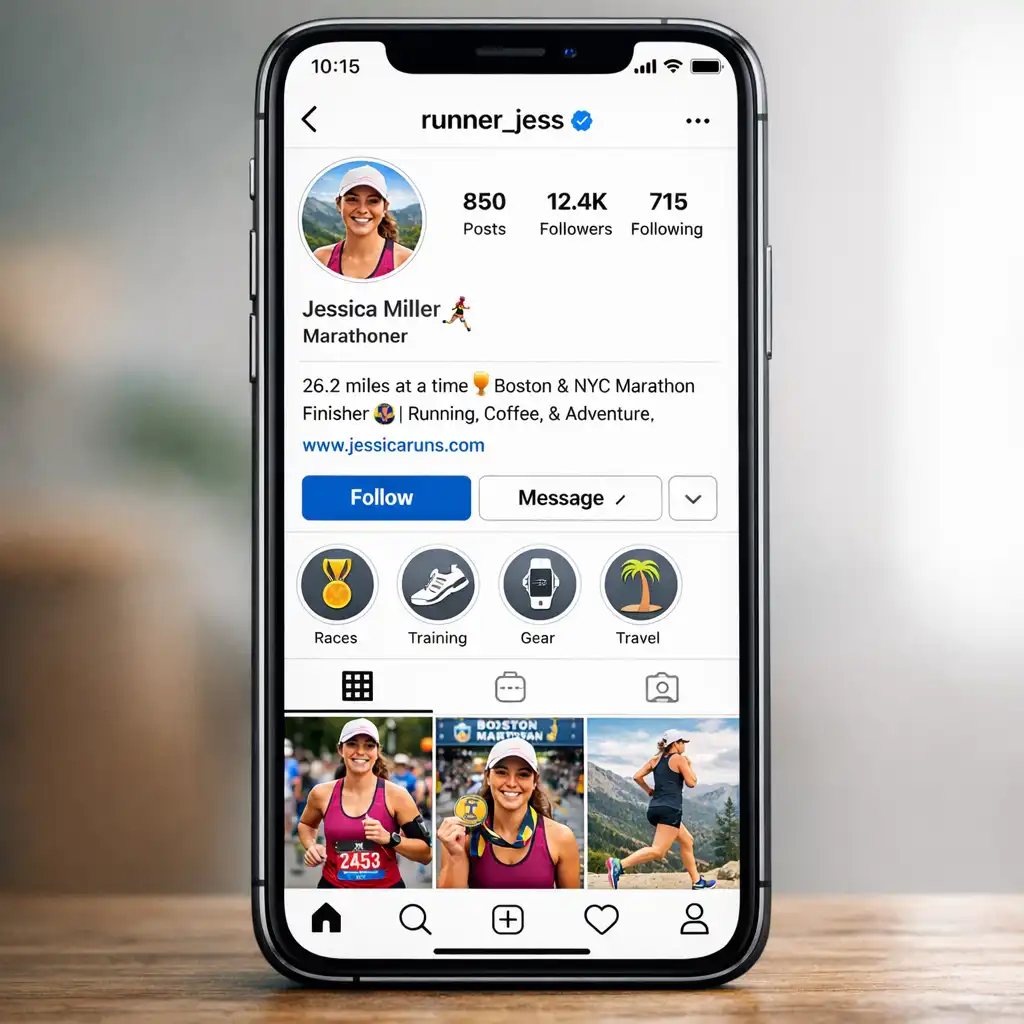 General runner Instagram bio examples shown on a smartphone mockup including distance achievements and running event types
