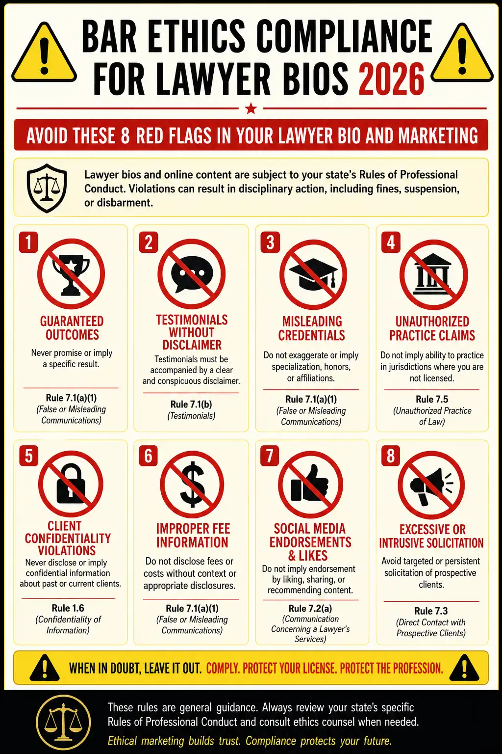 Legal ethics compliance warnings and red flags for lawyer Instagram bios