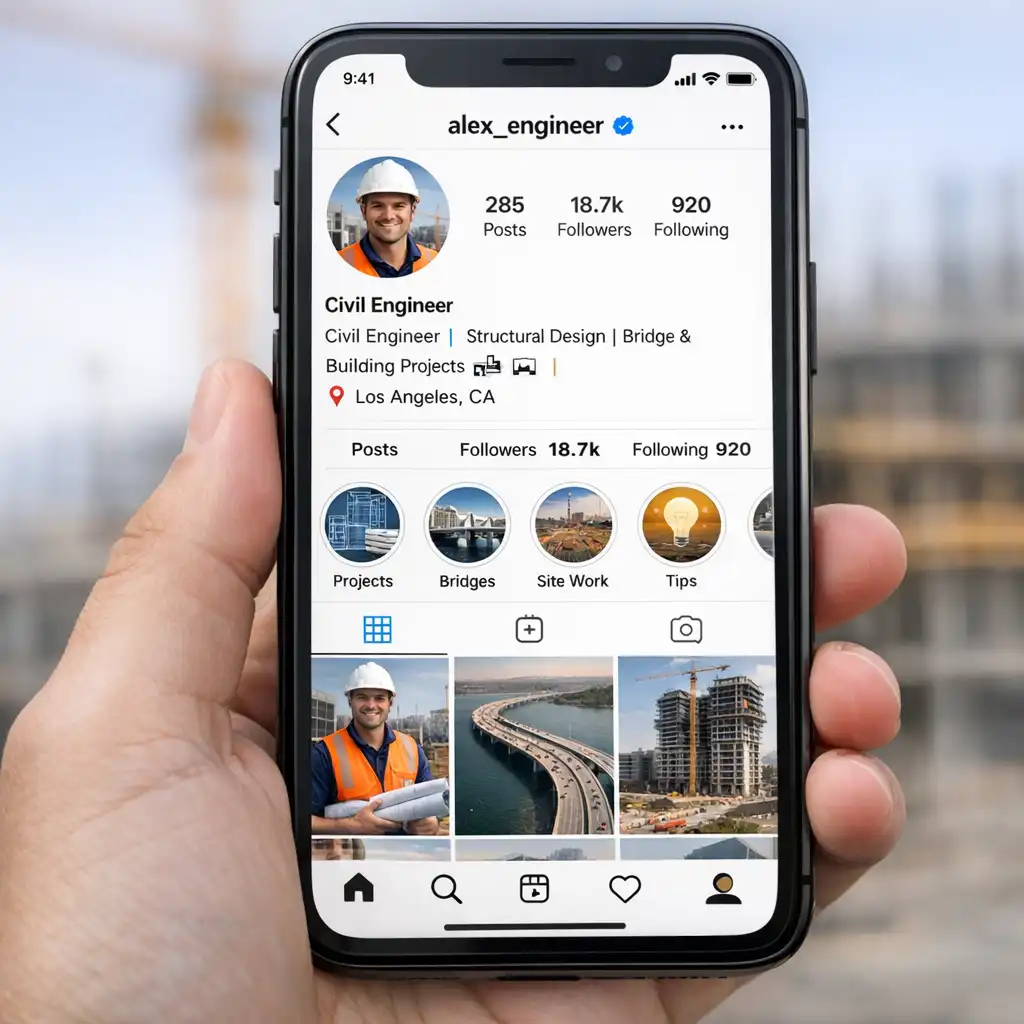 Professional Instagram bio examples for civil engineers showing credentials specialty and employer on a smartphone mockup