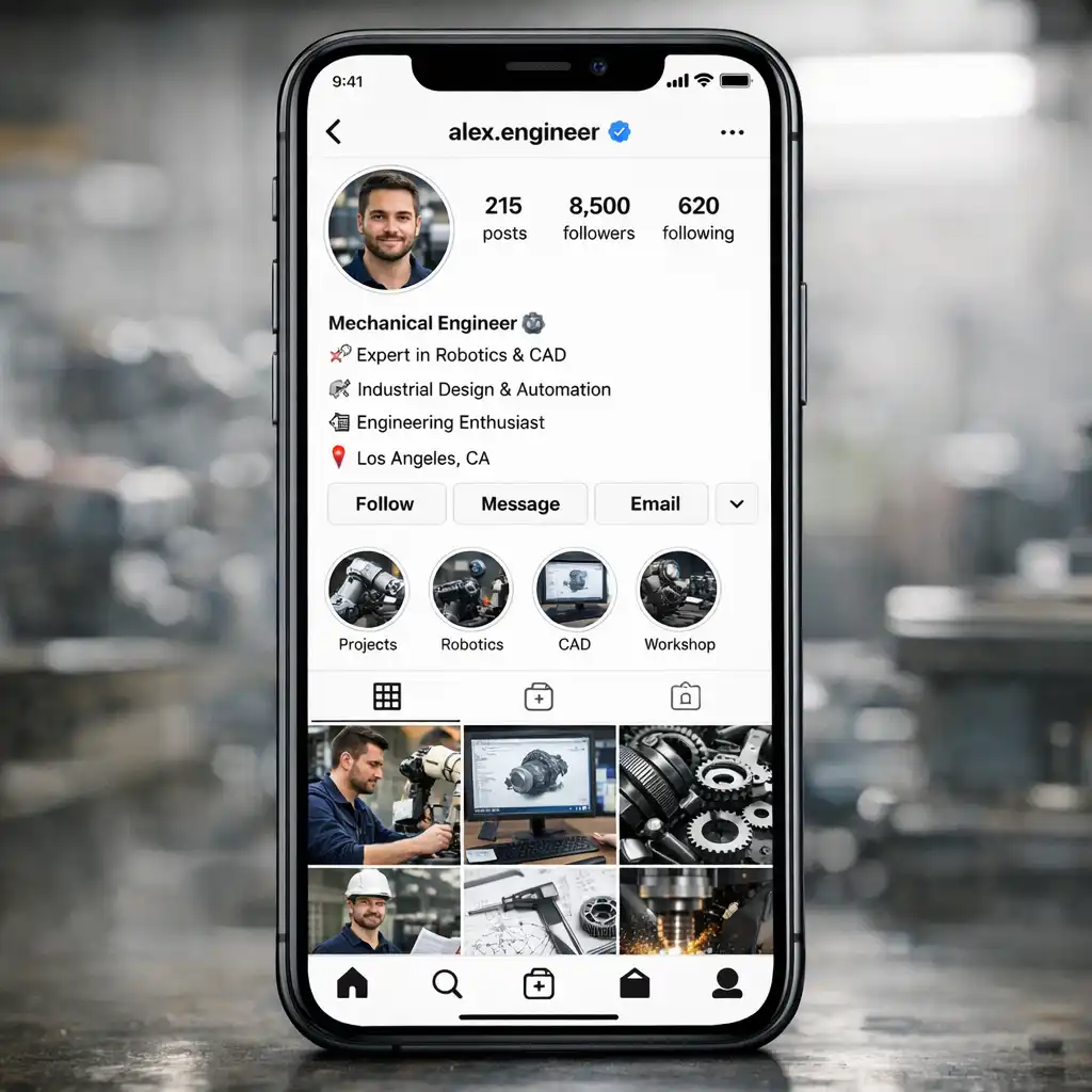 Professional Instagram bio examples for mechanical engineers showing credentials industry and specialization on a smartphone mockup