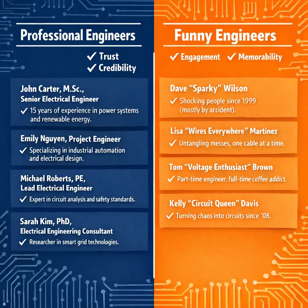 Comparison chart showing professional vs funny electrical engineer Instagram bios