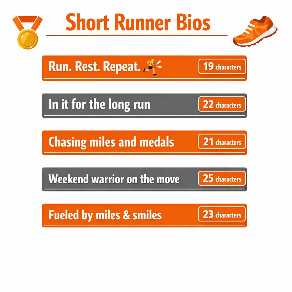 Short and bold Instagram bio examples for runners with character counts showing minimal but powerful running bios