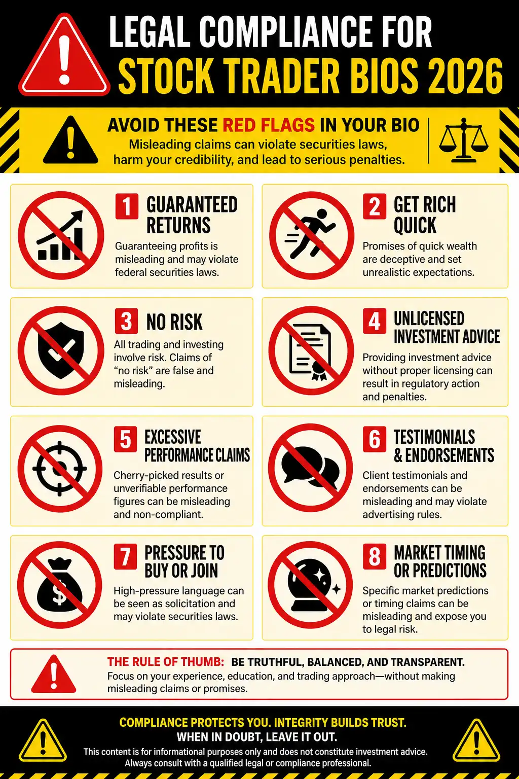 Legal compliance warnings and red flags for stock trader Instagram bios