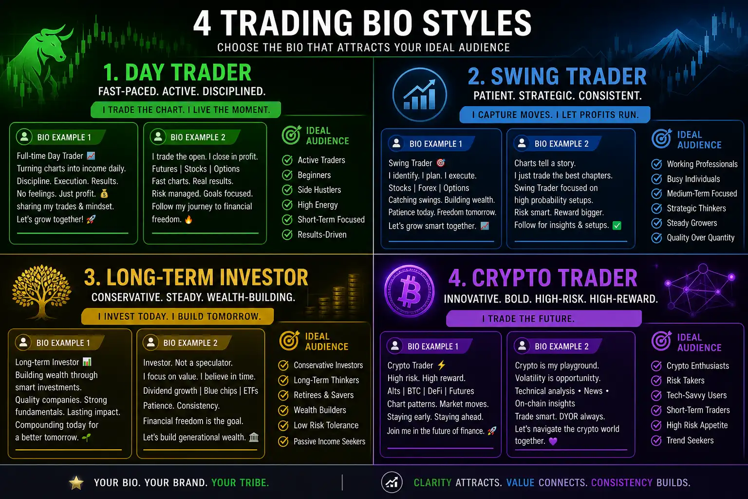 Comparison chart showing different stock trader bio styles and strategies