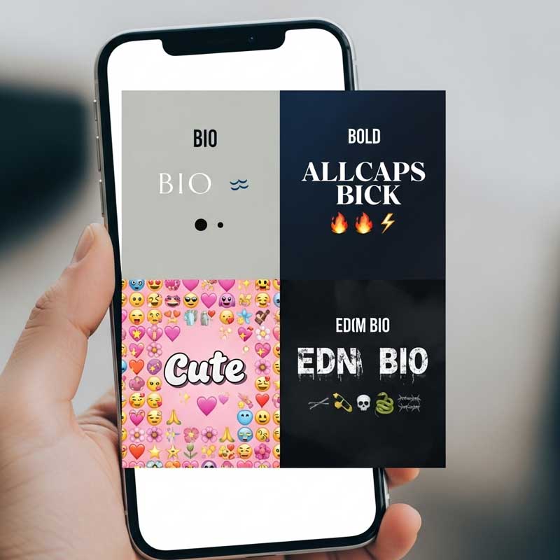 A collage of Instagram bios in different aesthetic styles—minimalist, bold, cute, and edgy—displayed on a modern phone screen.
