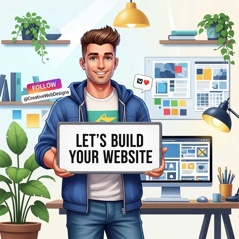 A web designer holding a "Let’s Build Your Website" sign