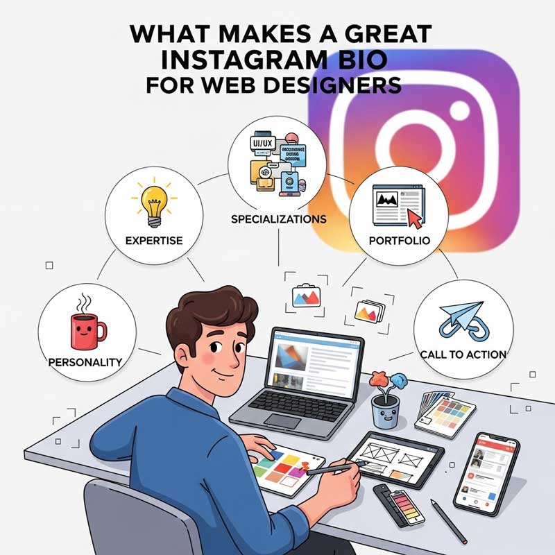 Infographic: Key elements of a great Instagram bio for web designers—expertise, specializations, portfolio, personality, and call to action.