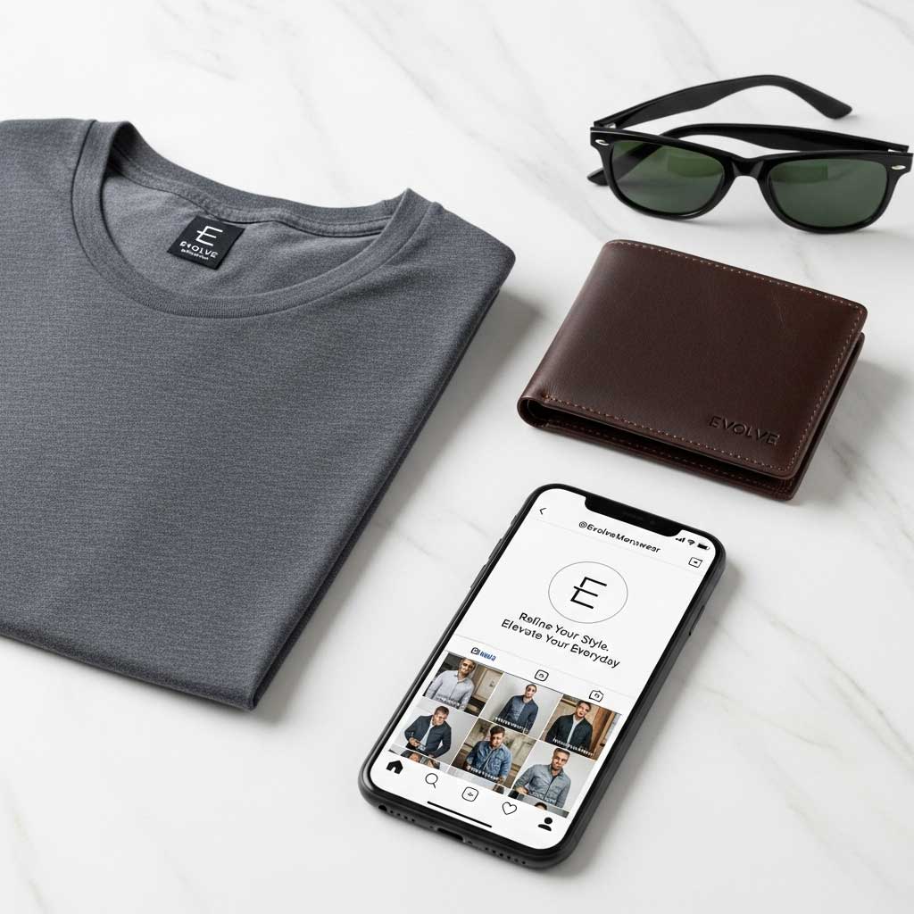 A professional product flat lay for a men's clothing brand. A neatly folded, high-quality t-shirt, a leather wallet with the brand's logo embossed, and a pair of sunglasses are arranged next to a smartphone. The phone displays the brand's Instagram profile with a short, punchy bio. The background is a clean, white marble surface. Professional studio lighting. --ar 16:9 --style raw