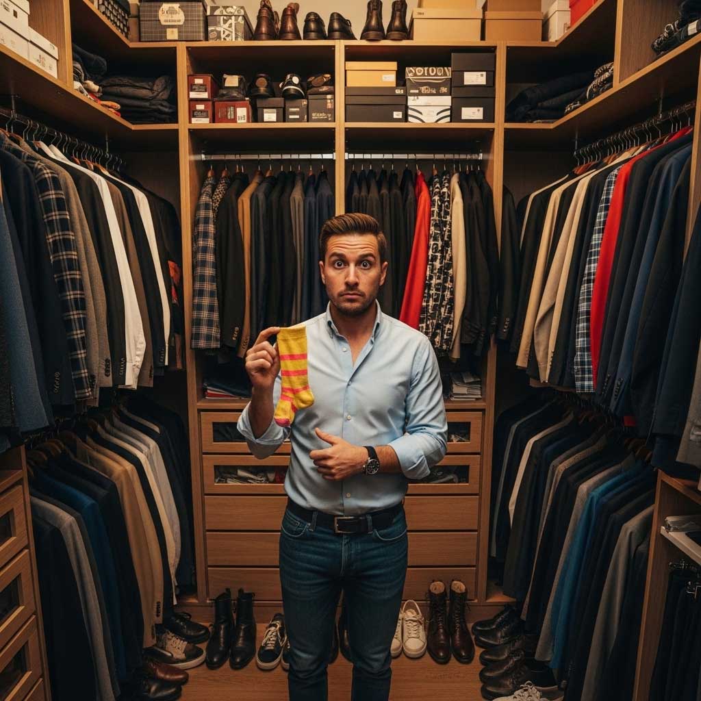A candid-style photograph of a stylishly dressed man standing in front of a massive, overflowing walk-in closet, looking humorously overwhelmed. He's holding a single, brightly colored sock with a quizzical expression, as if to say "I have nothing to wear." The lighting is warm and natural. The tone is lighthearted, witty, and fashionable. --ar 16:9 --style raw