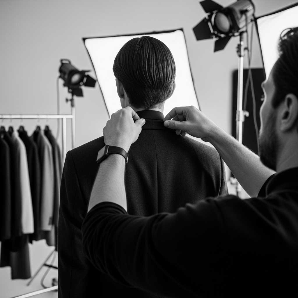 A behind-the-scenes photograph from a fashion photoshoot. A male fashion stylist is thoughtfully adjusting the collar of a model's jacket. In the background, there is a clothing rack and professional lighting equipment, both slightly out of focus. The shot is in a sophisticated, monochromatic style. The focus is on the stylist's hands and expertise. --ar 16:9 --style raw