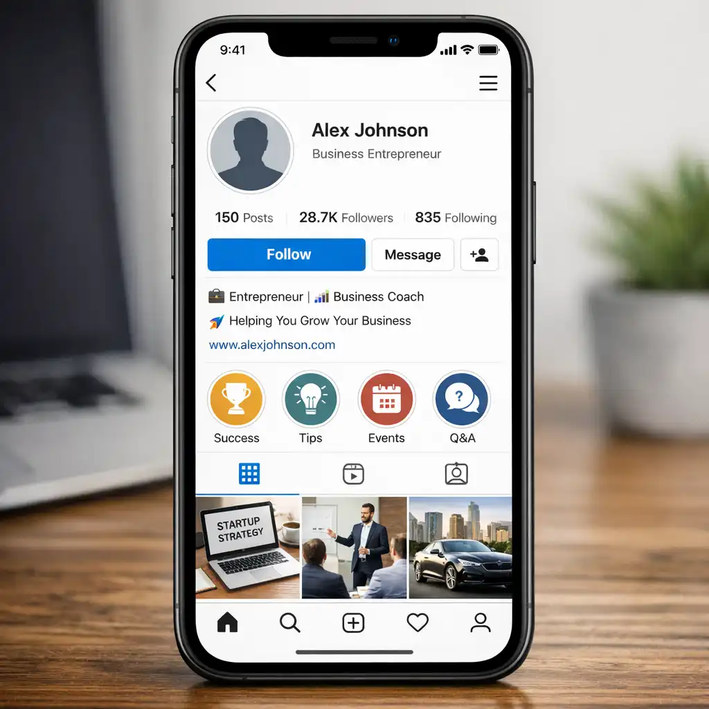 	Catchy Instagram bio examples for entrepreneurs displayed on a smartphone mockup showing motivational and professional business bios