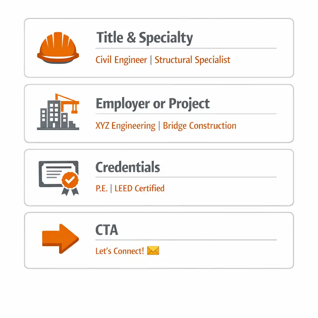 Infographic showing the four essential elements of a civil engineer Instagram bio: title and specialty, employer or project, credentials, and call to action