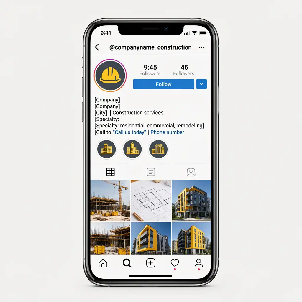 	Free Instagram bio template for construction companies showing four-line formula with service type location trust signal and call to action