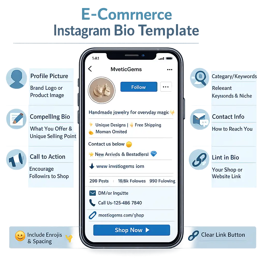 Instagram bio examples for e-commerce entrepreneurs and online store owners showing shop link product descriptions and shipping details
