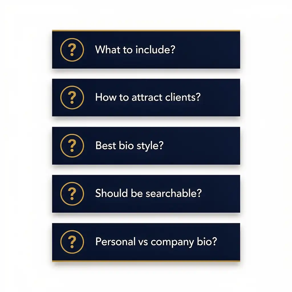 	Frequently asked questions about writing Instagram bios for business entrepreneurs including what to include and how to attract clients