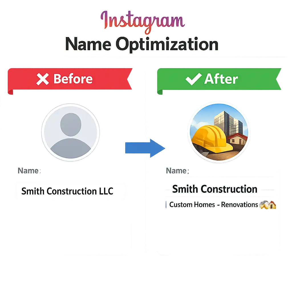 	Instagram Name field SEO guide for construction companies showing how to optimize the searchable name field with city and trade keywords