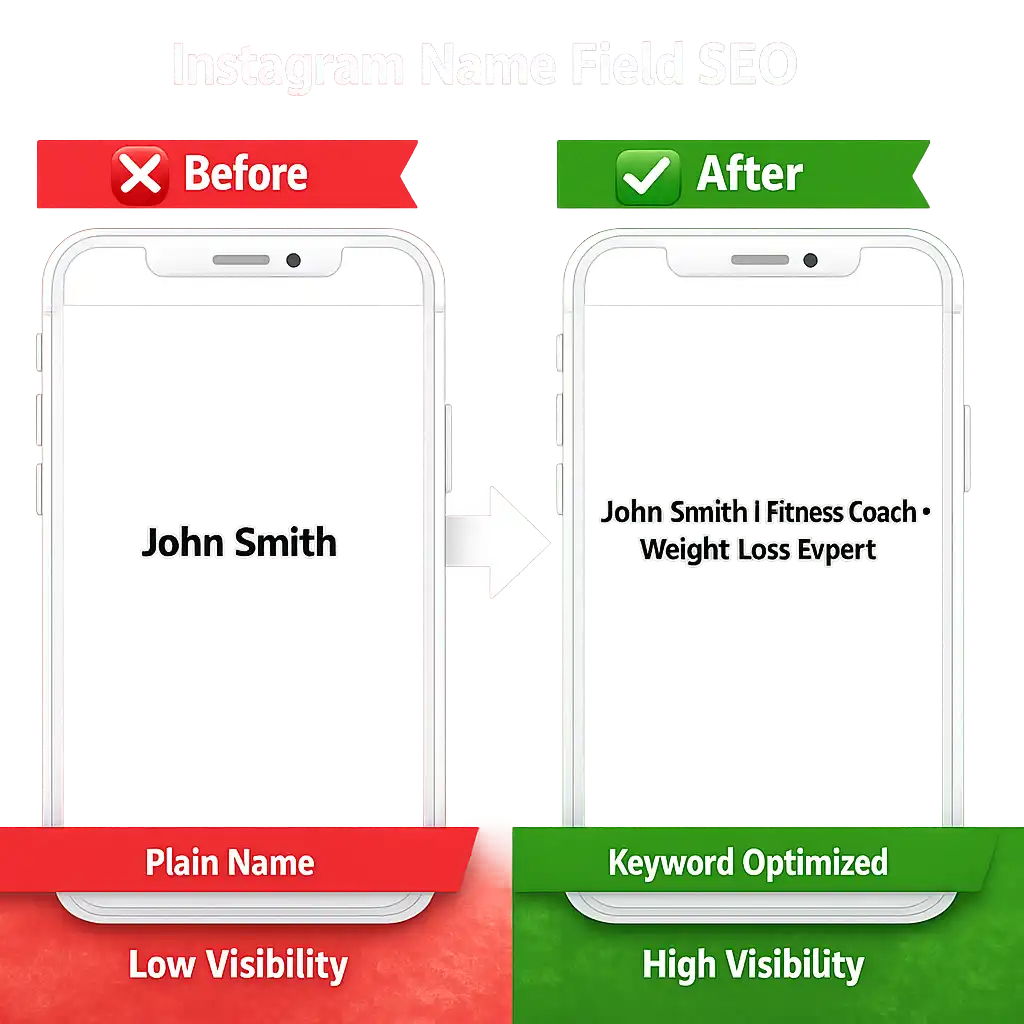 	Instagram Name field SEO guide for entrepreneurs showing how to add searchable keywords like business coach or startup founder to the name field