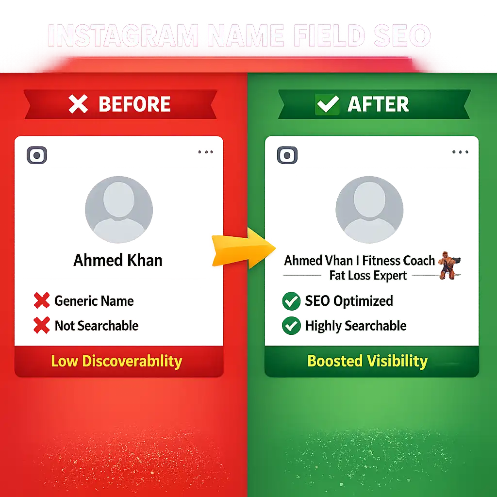 Instagram Name field SEO guide for mechanical engineers showing how to add searchable keywords like HVAC engineer or robotics engineer to the name field