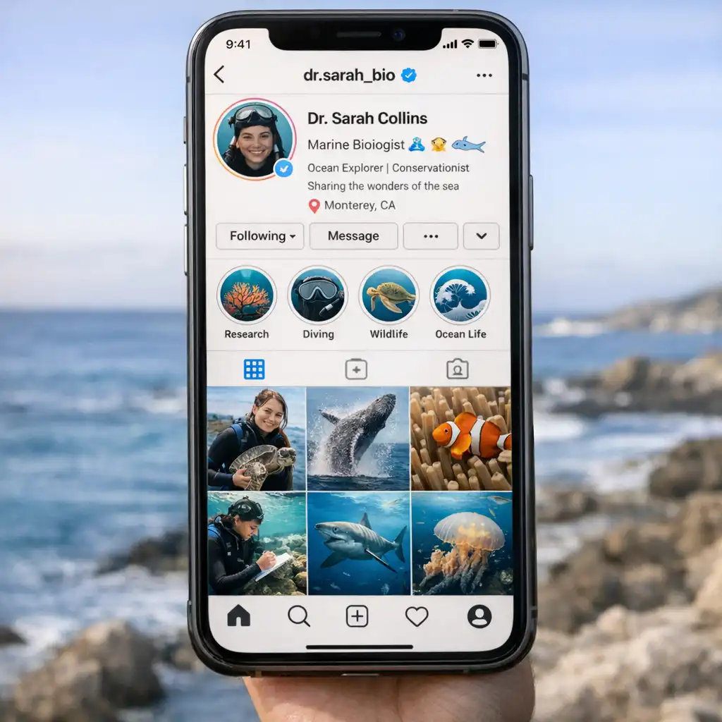 Professional Instagram bio examples for biologists and researchers showing credentials specialty and institution on a smartphone mockup