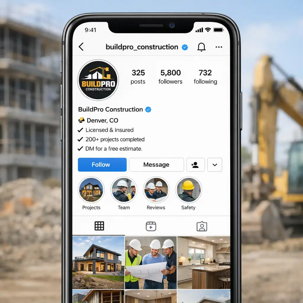 Professional Instagram bio examples for construction companies showing trust signals, credentials, and location-based bios on a phone mockup