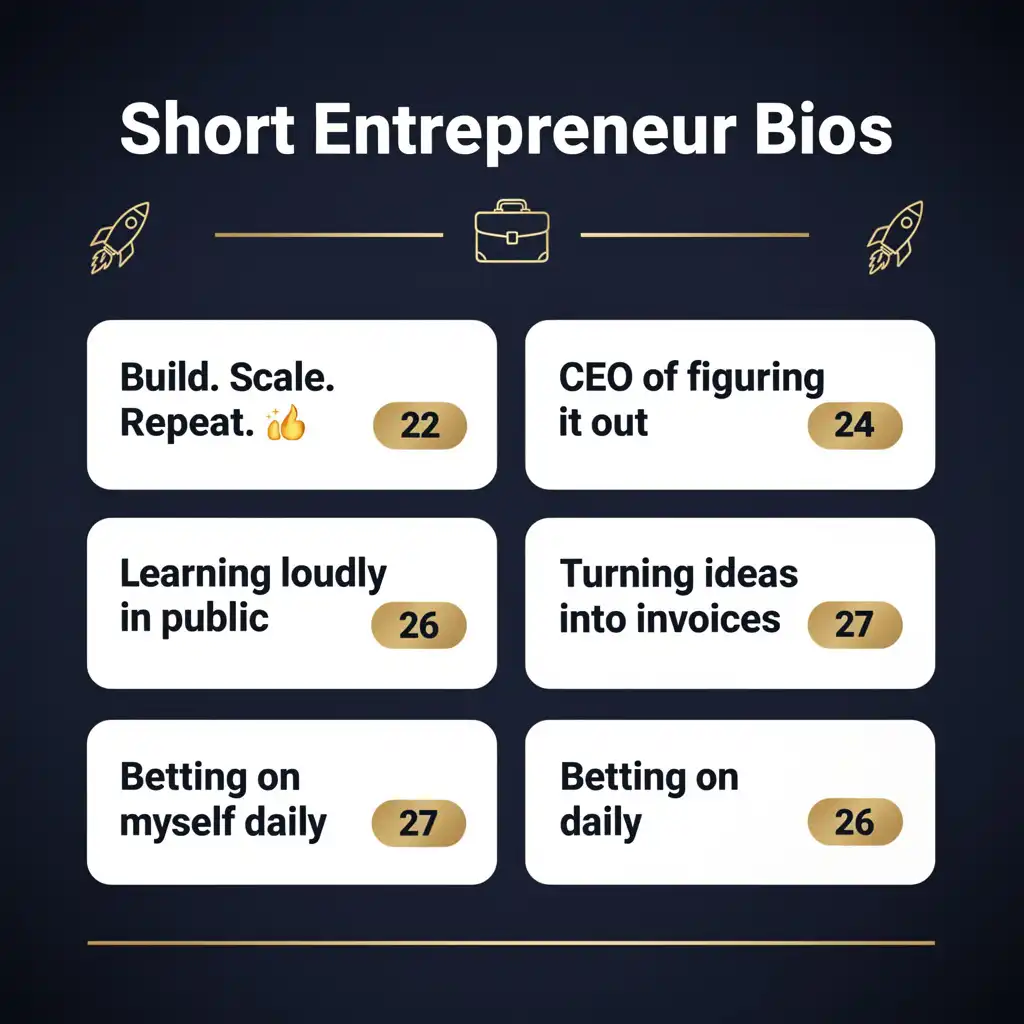 Short and bold Instagram bio examples for entrepreneurs with character counts showing minimal but impactful business bios