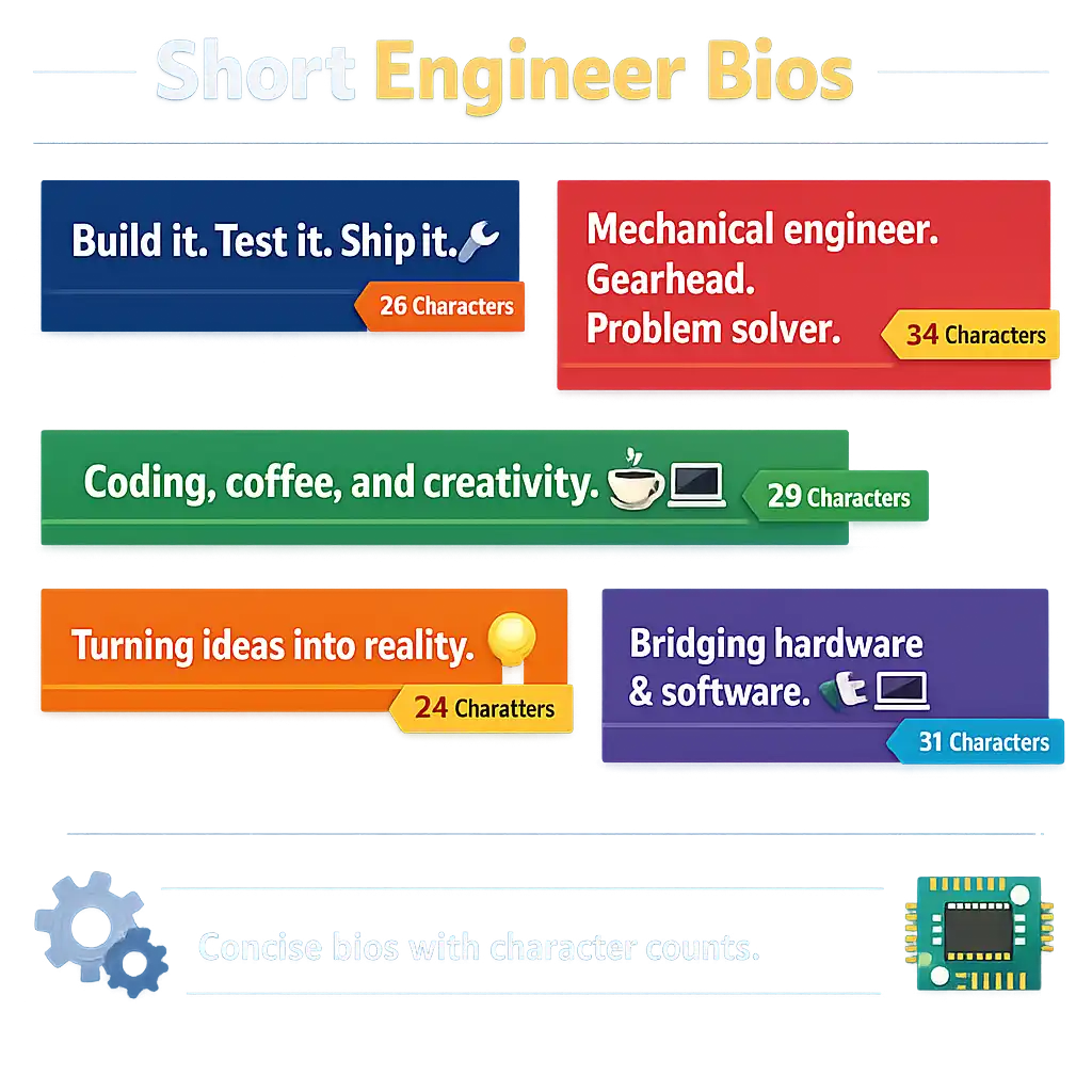 Short and bold Instagram bio examples for mechanical engineers with character counts showing minimal but impactful engineering bios
