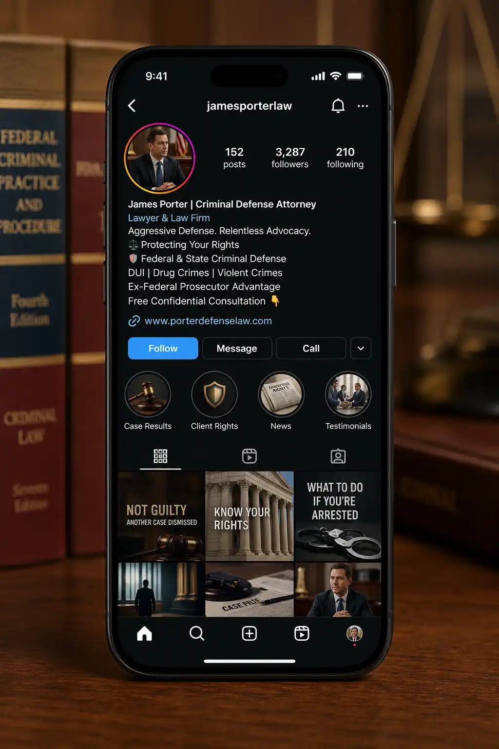 Criminal defense lawyer Instagram profile mockup with optimized bio
