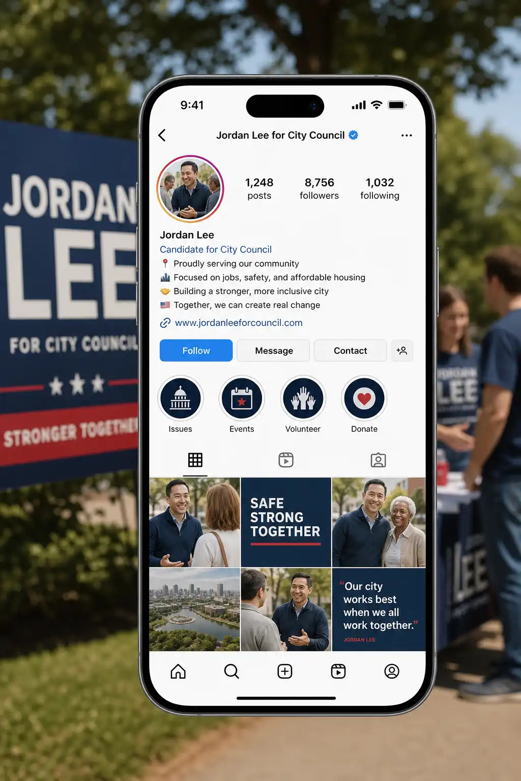 Local politician Instagram profile mockup with optimized bio and verified badge